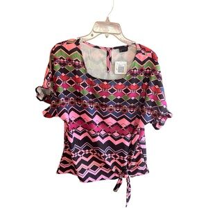 Shiela Rose Nadine West multicolor geometric print blouse with tie at hem Sz M